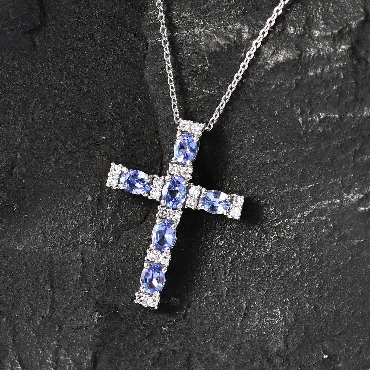 Luxuriant - Tanzanite &amp; Lab Grown Diamond (SI/G-H) Cross Pendant with Chain (Size 20) in Rhodium Overlay Sterling Silver 1.25 Ct. V32565465 3
