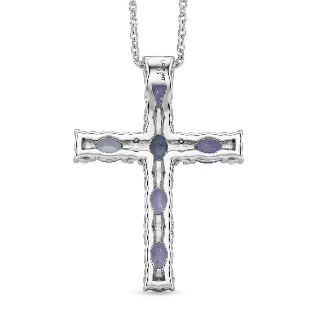 Luxuriant - Tanzanite & Lab Grown Diamond (SI/G-H) Cross Pendant with Chain (Size 20) in Rhodium Overlay Sterling Silver 1.25 Ct._4476895_4