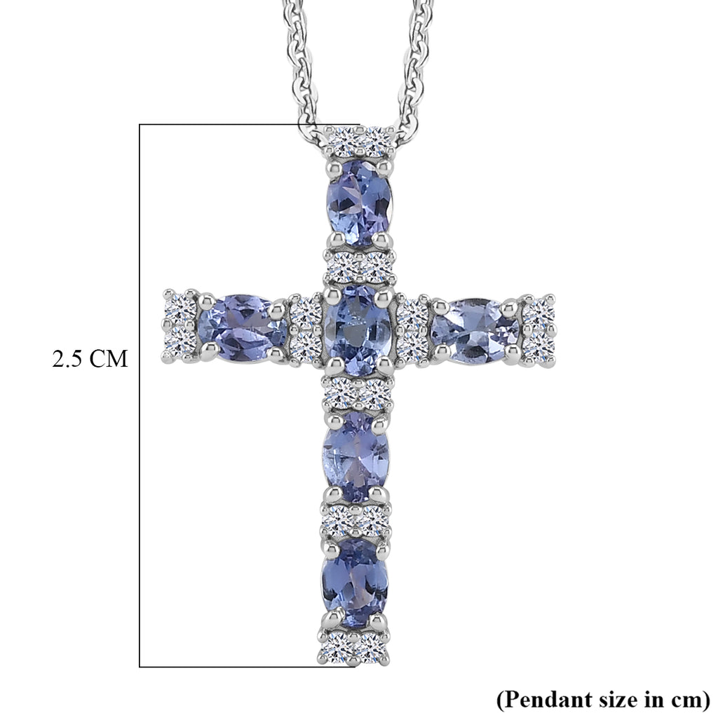 Luxuriant - Tanzanite & Lab Grown Diamond (SI/G-H) Cross Pendant with Chain (Size 20) in Rhodium Overlay Sterling Silver 1.25 Ct._4476895_6