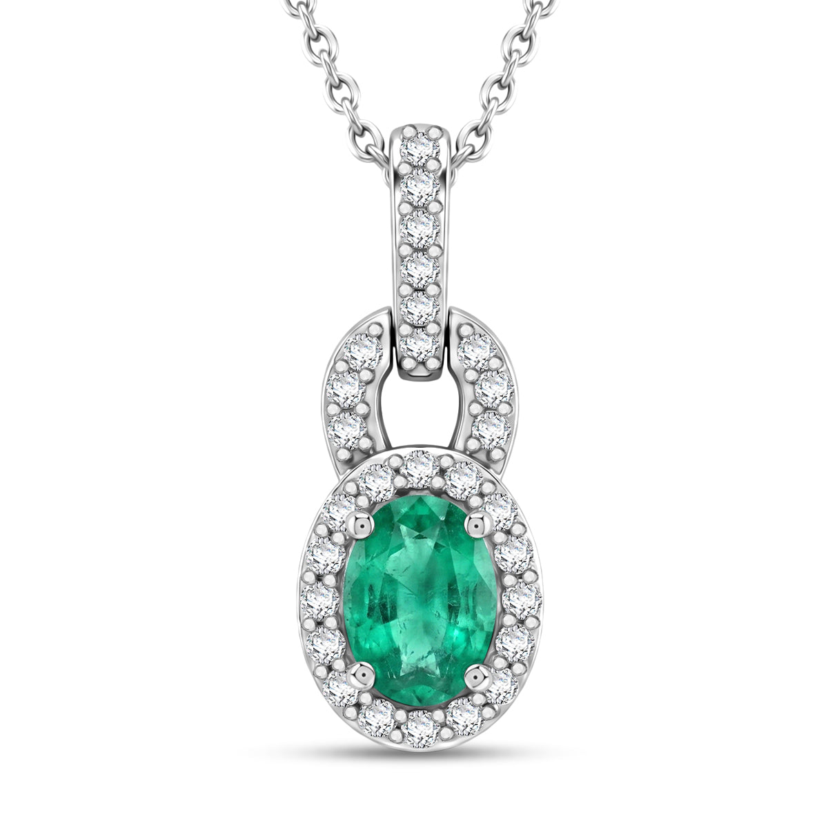 D'Joy - AAA Premium Zambian Emerald &amp; White Zircon Halo Pendant with Chain (Size 20) in Rhodium Overlay Sterling Silver 4476936 0
