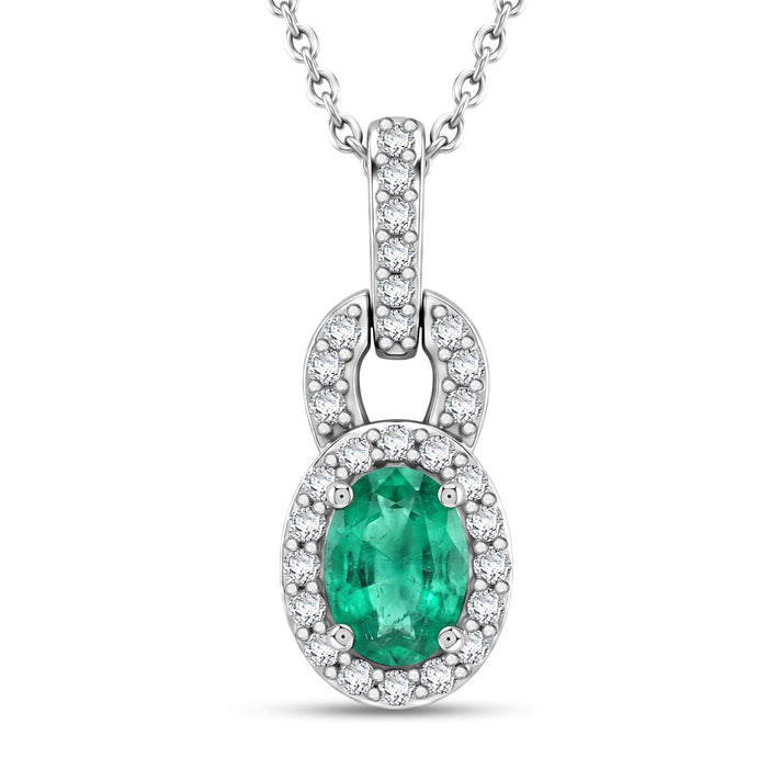 D'Joy - AAA Premium Zambian Emerald &amp; White Zircon Halo Pendant with Chain (Size 20) in Rhodium Overlay Sterling Silver 4476936 1