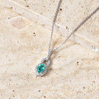 D'Joy - AAA Premium Zambian Emerald & White Zircon Halo Pendant with Chain (Size 20) in Rhodium Overlay Sterling Silver_4476936_2
