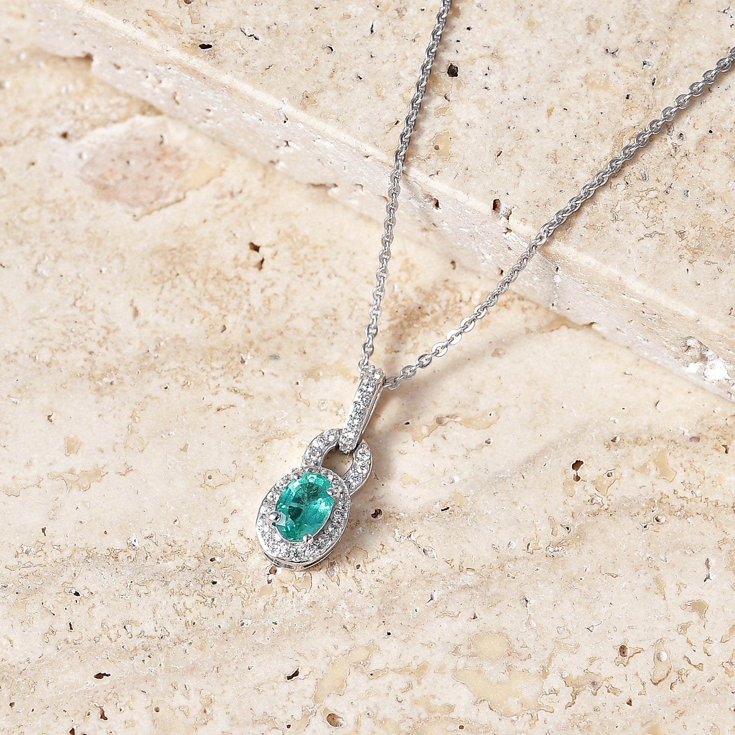 D'Joy - AAA Premium Zambian Emerald &amp; White Zircon Halo Pendant with Chain (Size 20) in Rhodium Overlay Sterling Silver 4476936 3