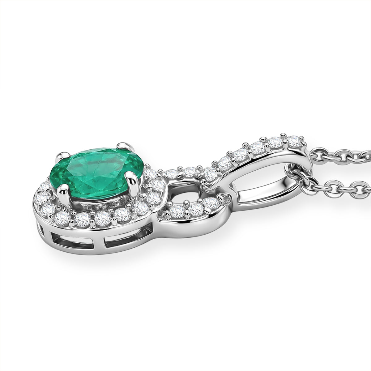D'Joy - AAA Premium Zambian Emerald &amp; White Zircon Halo Pendant with Chain (Size 20) in Rhodium Overlay Sterling Silver 4476936 4