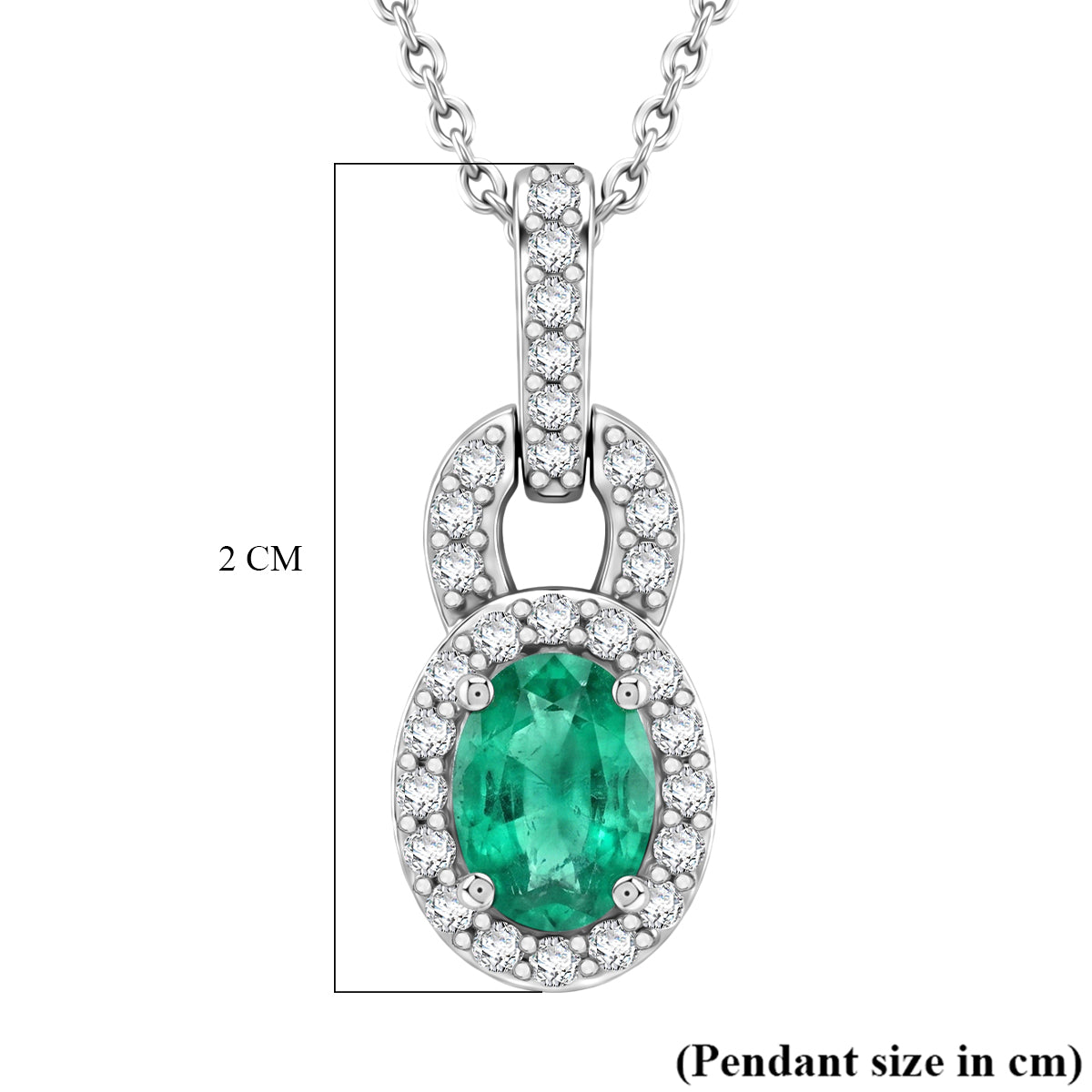 D'Joy - AAA Premium Zambian Emerald &amp; White Zircon Halo Pendant with Chain (Size 20) in Rhodium Overlay Sterling Silver 4476936 6
