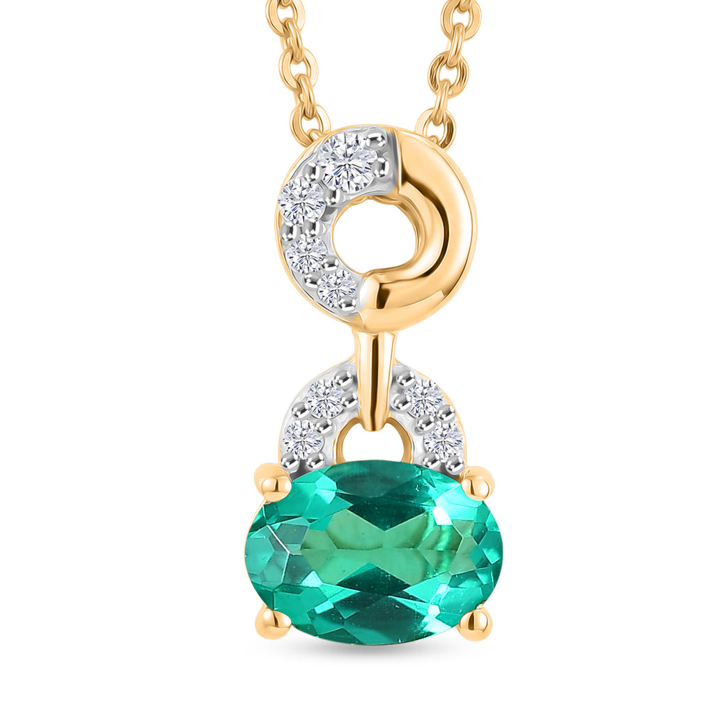 Luxuriant - AAA Lab Grown Columbian Emerald & Lab Grown Diamond (SI/G-H) Drop Pendant with Chain (Size 20) in 18K Vermeil Yellow Gold Plated Sterling Silver 0.76 Ct._4477021