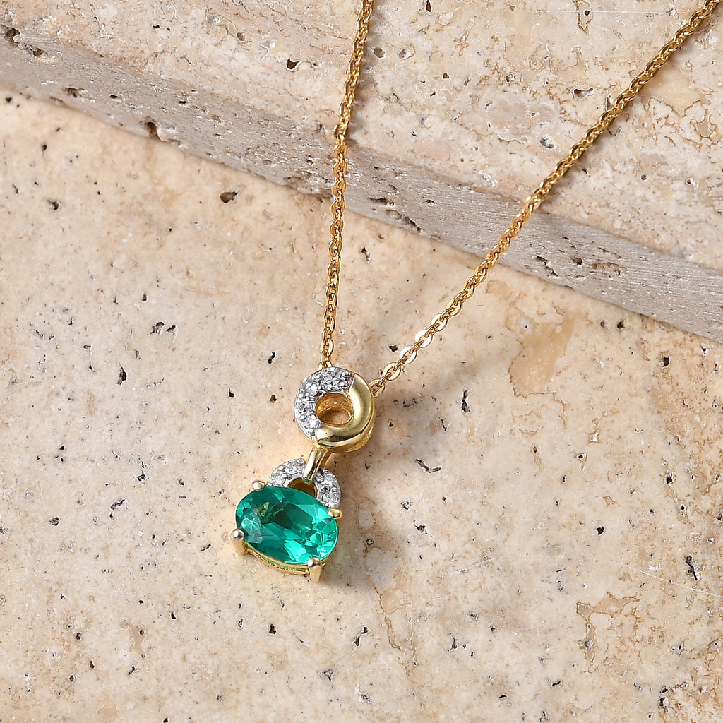 Luxuriant - AAA Lab Grown Columbian Emerald & Lab Grown Diamond (SI/G-H) Drop Pendant with Chain (Size 20) in 18K Vermeil Yellow Gold Plated Sterling Silver 0.76 Ct._4477021_2