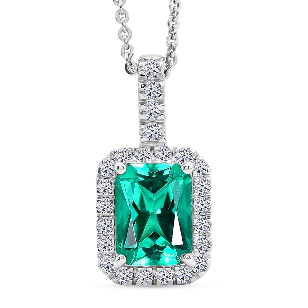 Luxuriant - AAA Lab Grown Columbian Emerald & Lab Grown Diamond (SI/G-H) Halo Pendant with Chain (Size 20) in Rhodium Overlay Sterling Silver 1.70 Ct._4477023
