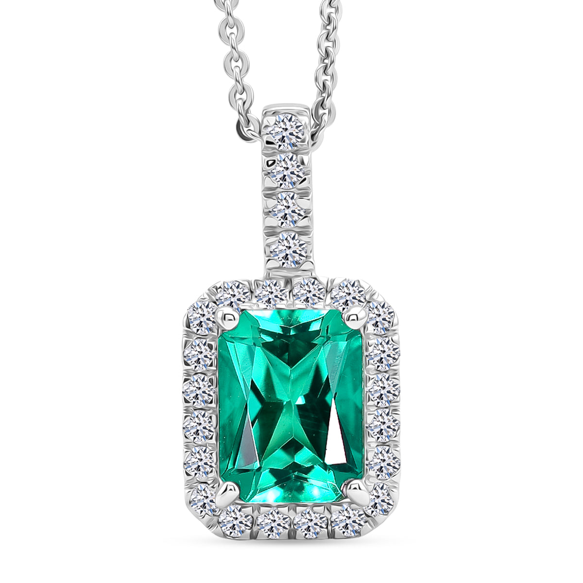 Luxuriant - AAA Lab Grown Columbian Emerald &amp; Lab Grown Diamond (SI/G-H) Halo Pendant with Chain (Size 20) in Rhodium Overlay Sterling Silver 1.70 Ct. V32525321 0