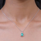 Luxuriant - AAA Lab Grown Columbian Emerald & Lab Grown Diamond (SI/G-H) Halo Pendant with Chain (Size 20) in Rhodium Overlay Sterling Silver 1.70 Ct._4477023_1