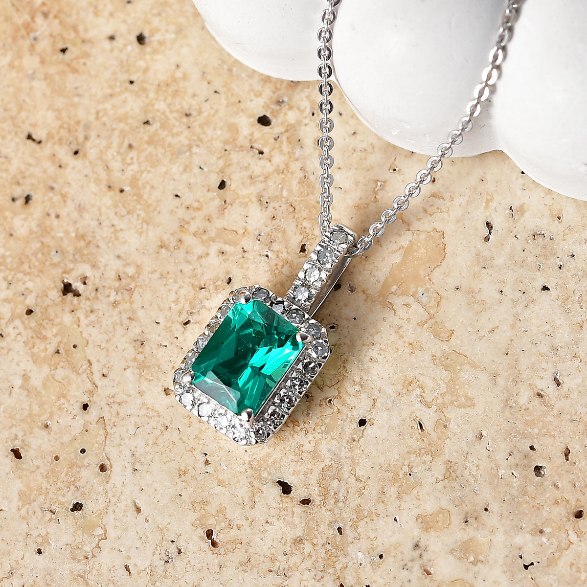Luxuriant - AAA Lab Grown Columbian Emerald &amp; Lab Grown Diamond (SI/G-H) Halo Pendant with Chain (Size 20) in Rhodium Overlay Sterling Silver 1.70 Ct. V32525321 3