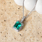 Luxuriant - AAA Lab Grown Columbian Emerald & Lab Grown Diamond (SI/G-H) Halo Pendant with Chain (Size 20) in Rhodium Overlay Sterling Silver 1.70 Ct._4477023_2