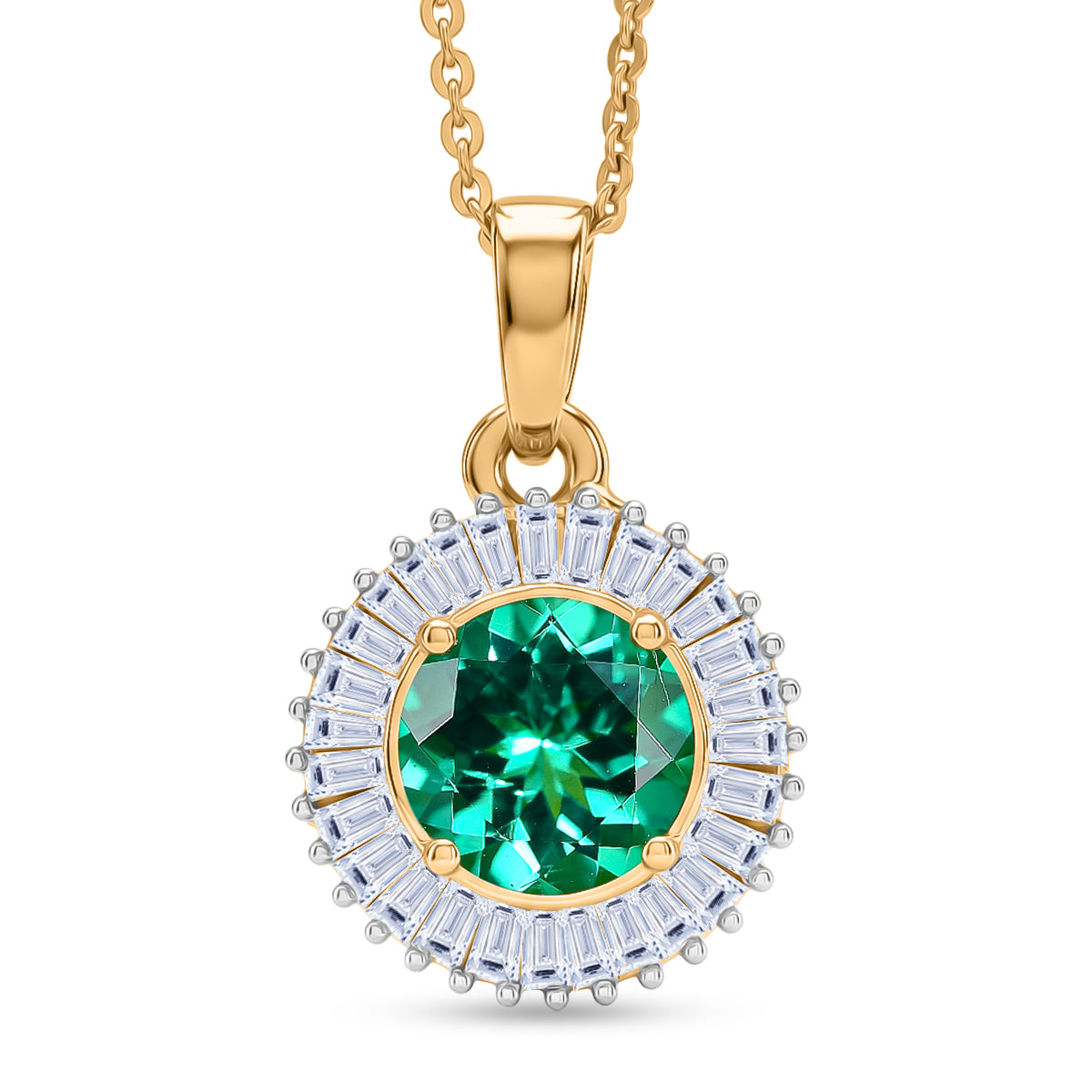 Luxuriant - AAA Lab Grown Colombian Emerald &amp; Lab Grown Diamond (SI/G-H) Halo Pendant with Chain (Size 20) in 18K Vermeil Yellow Gold Plated Sterling Silver 1.64 Ct. V32524928 0
