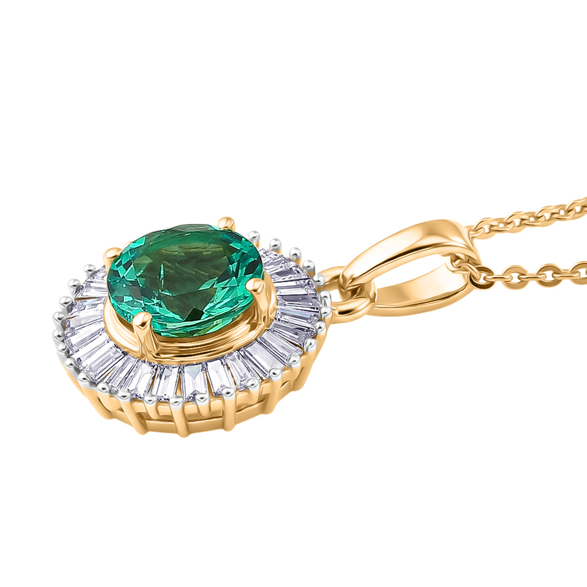 Luxuriant - AAA Lab Grown Colombian Emerald &amp; Lab Grown Diamond (SI/G-H) Halo Pendant with Chain (Size 20) in 18K Vermeil Yellow Gold Plated Sterling Silver 1.64 Ct. V32524928 4