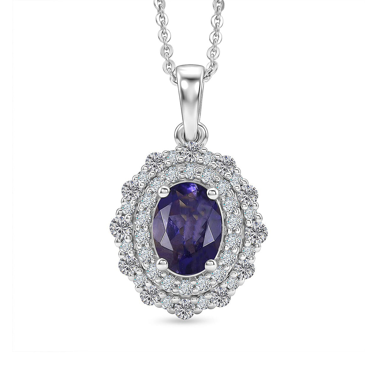 Certified and Appraised Iolite,  Moissanite Pendant with Torn Chain 19DC (Size 20) in Rhodium Overlay Sterling Silver 0.55 ct  2.200  Ct. 4477037 0