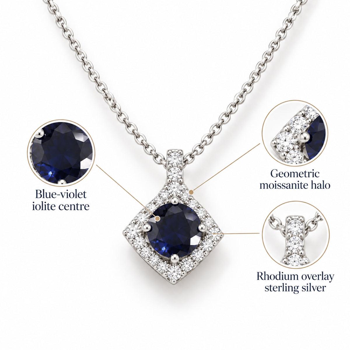Certified and Appraised Iolite,  Moissanite Pendant with Torn Chain 19DC (Size 20) in Rhodium Overlay Sterling Silver 0.30 ct  2.500  Ct. 4477042 3