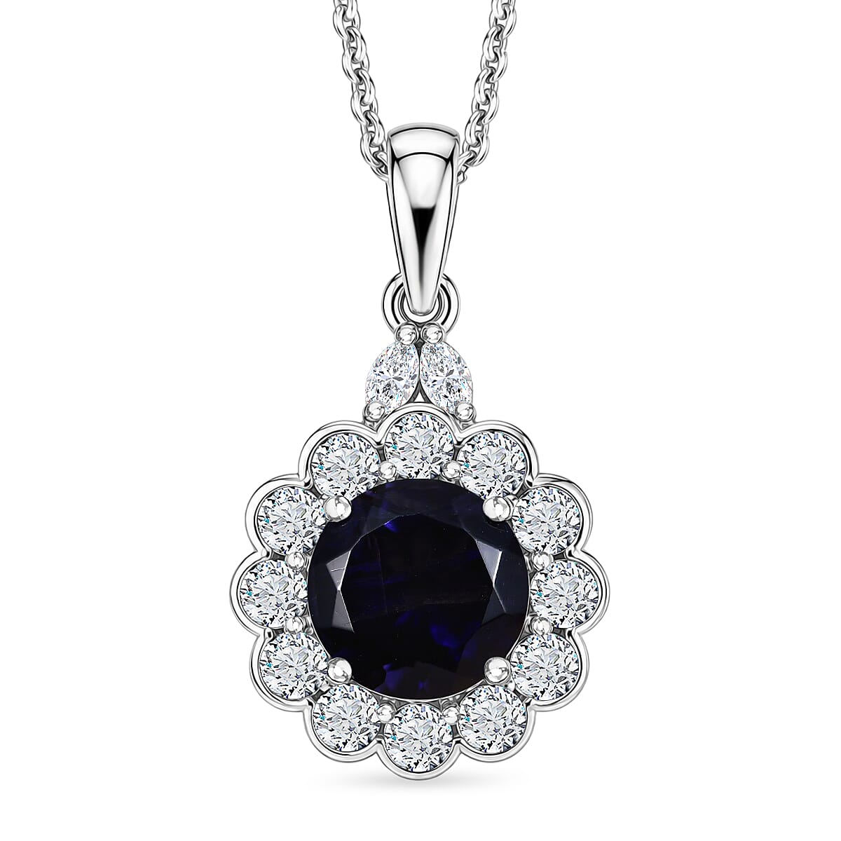 Certified and Appraised Iolite,  Moissanite Pendant with Torn Chain 19DC (Size 20) in Rhodium Overlay Sterling Silver 0.48 ct  1.980  Ct. 4477043 0