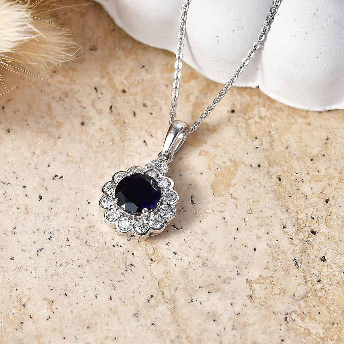 Certified and Appraised Iolite,  Moissanite Pendant with Torn Chain 19DC (Size 20) in Rhodium Overlay Sterling Silver 0.48 ct  1.980  Ct. 4477043 1