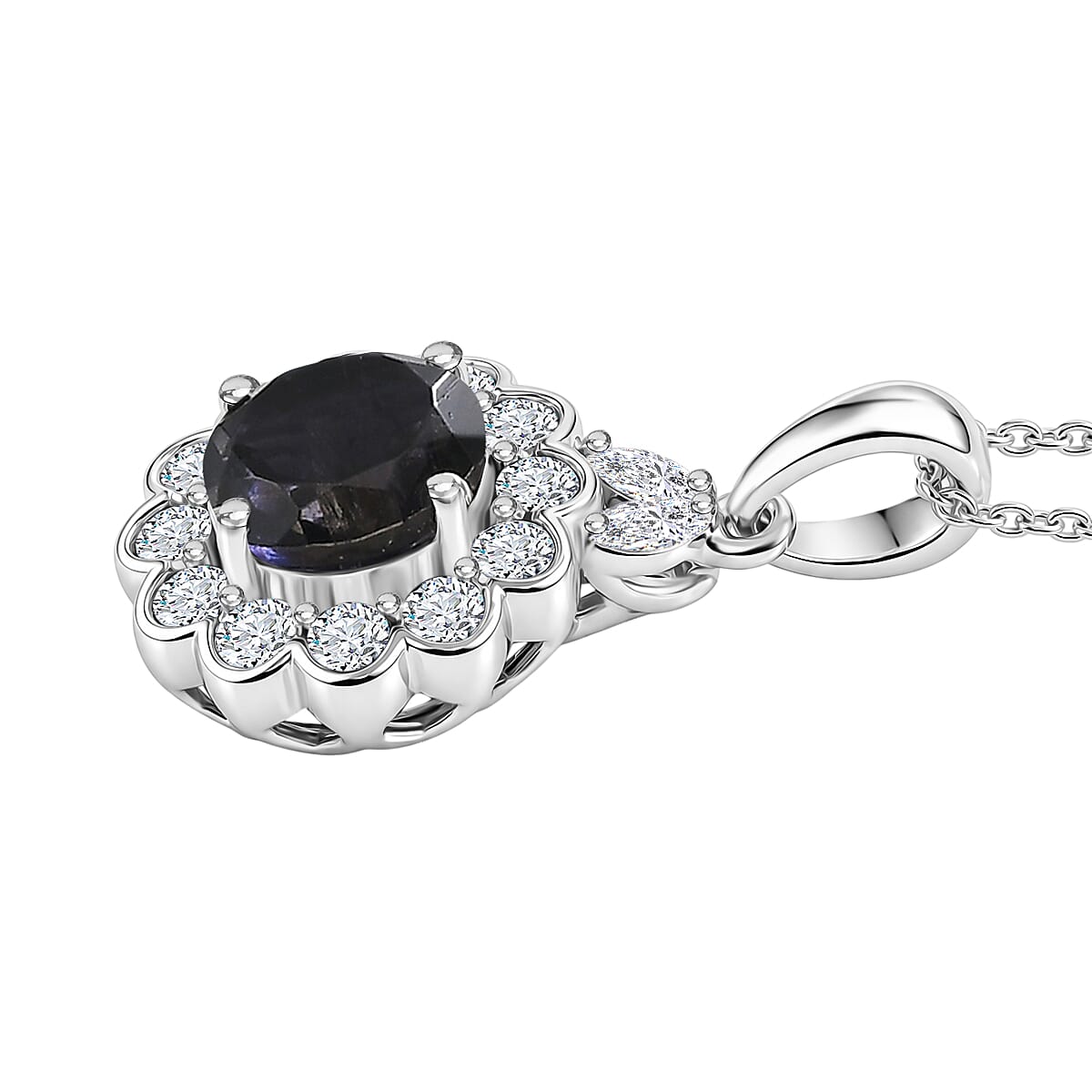 Certified and Appraised Iolite,  Moissanite Pendant with Torn Chain 19DC (Size 20) in Rhodium Overlay Sterling Silver 0.48 ct  1.980  Ct. 4477043 3