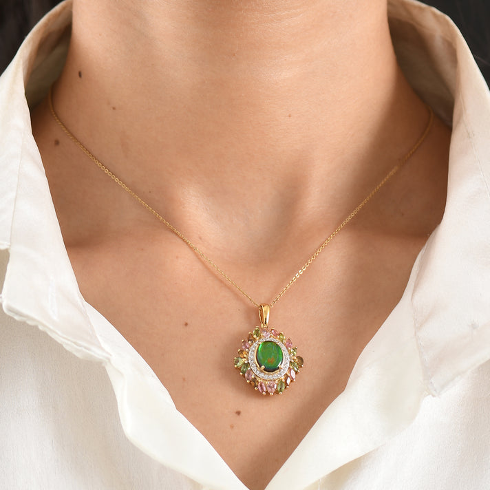 D'Joy - Ammolite, Multi-Tourmaline &amp; White Zircon Pendant with Chain (Size 20) in 18K Vermeil Yellow Gold Plated Sterling Silver 4.70 Ct. 4477315 2