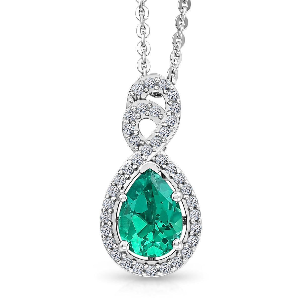 Luxuriant - AAA Lab Grown Colombian Emerald &amp; White Zircon Infinity Pendant with Chain (Size 20) in Rhodium Overlay Sterling Silver V32554789 0