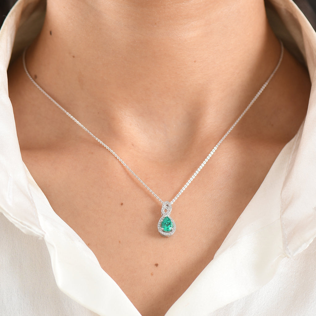 Luxuriant - AAA Lab Grown Colombian Emerald & White Zircon Infinity Pendant with Chain (Size 20) in Rhodium Overlay Sterling Silver_4477370_1