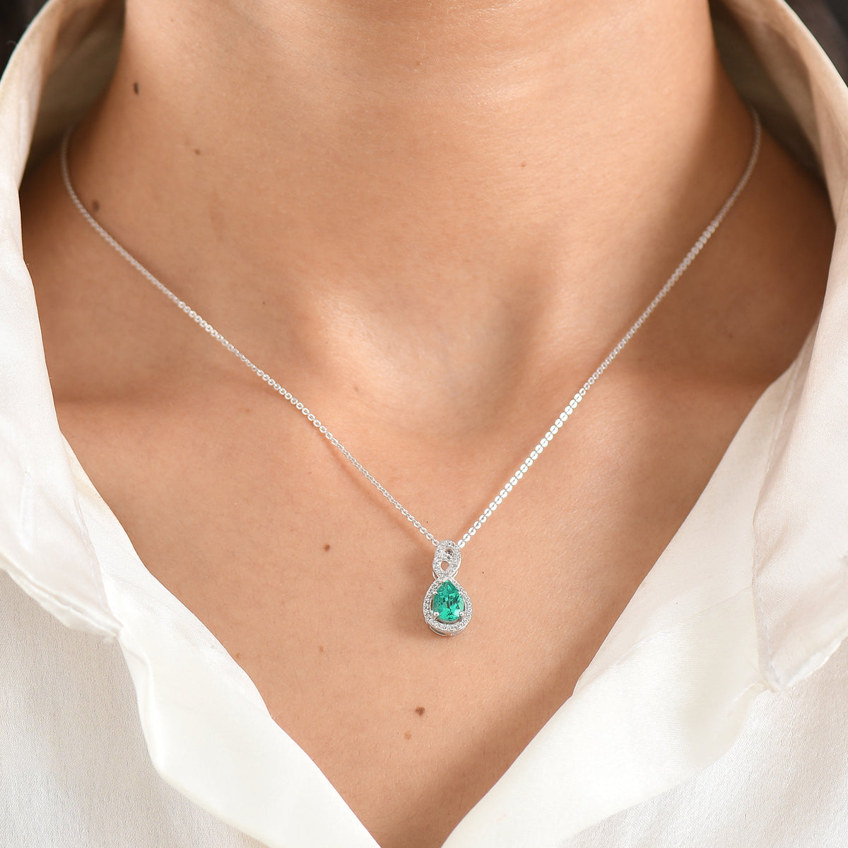 Luxuriant - AAA Lab Grown Colombian Emerald &amp; White Zircon Infinity Pendant with Chain (Size 20) in Rhodium Overlay Sterling Silver V32554789 2