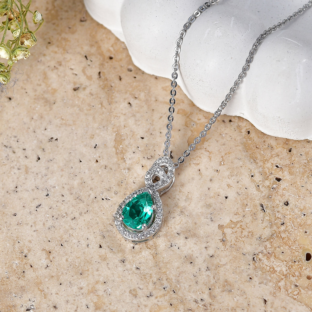 Luxuriant - AAA Lab Grown Colombian Emerald &amp; White Zircon Infinity Pendant with Chain (Size 20) in Rhodium Overlay Sterling Silver V32554789 3