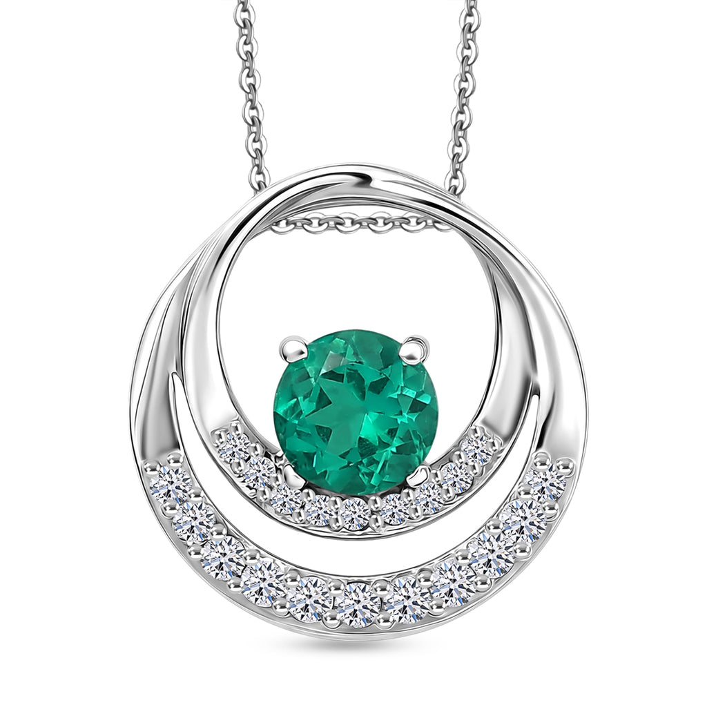 Luxuriant - AAA Lab Grown Columbian Emerald & Lab Grown Diamond (SI/G-H) Orbit Design Pendant with Chain (Size 20) in Rhodium Overlay Sterling Silver 0.67 Ct._4477371