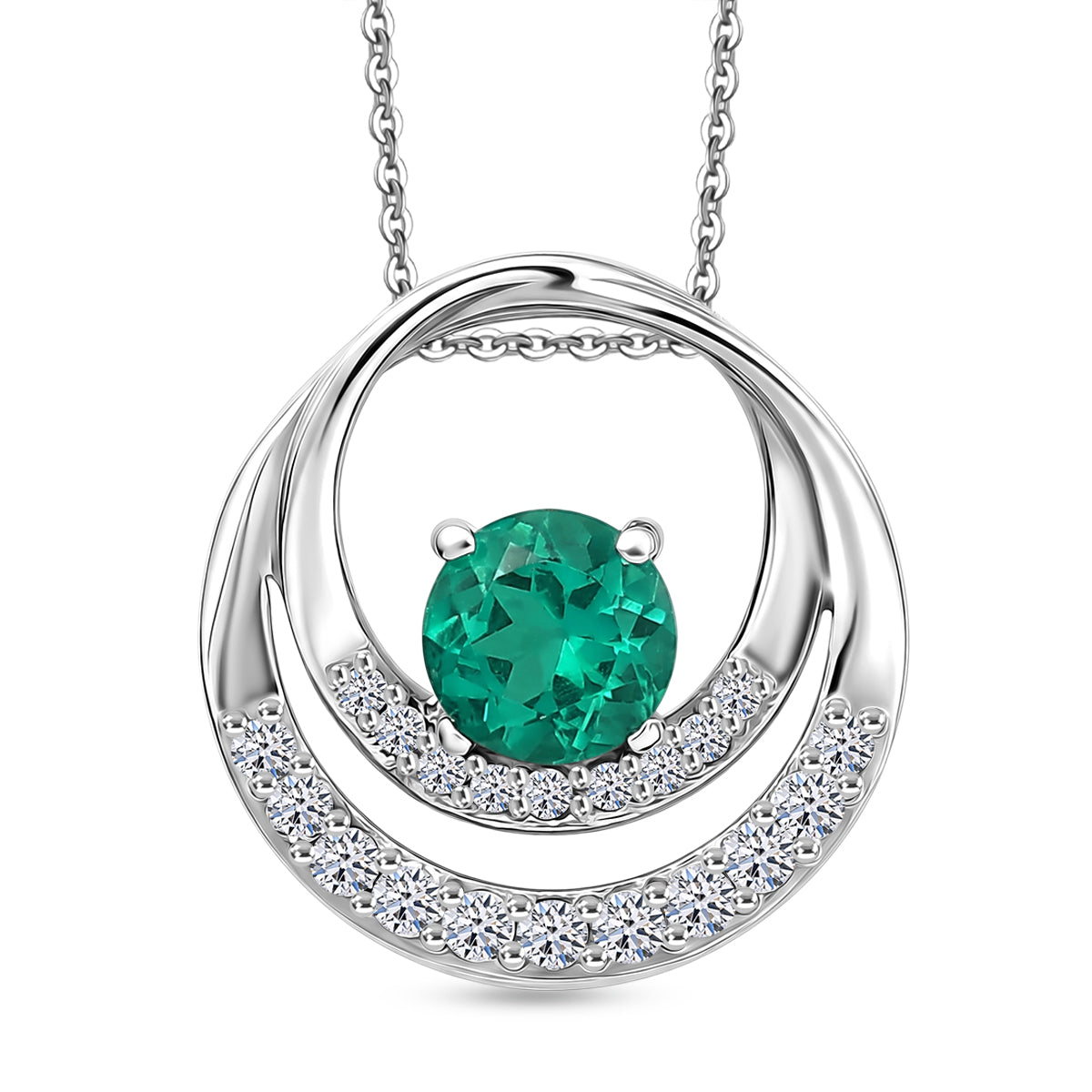 Luxuriant - AAA Lab Grown Columbian Emerald &amp; Lab Grown Diamond (SI-G-H) Orbit Design Pendant with Chain (Size 20) in Rhodium Overlay Sterling Silver 0.67 Ct. 4477371 0