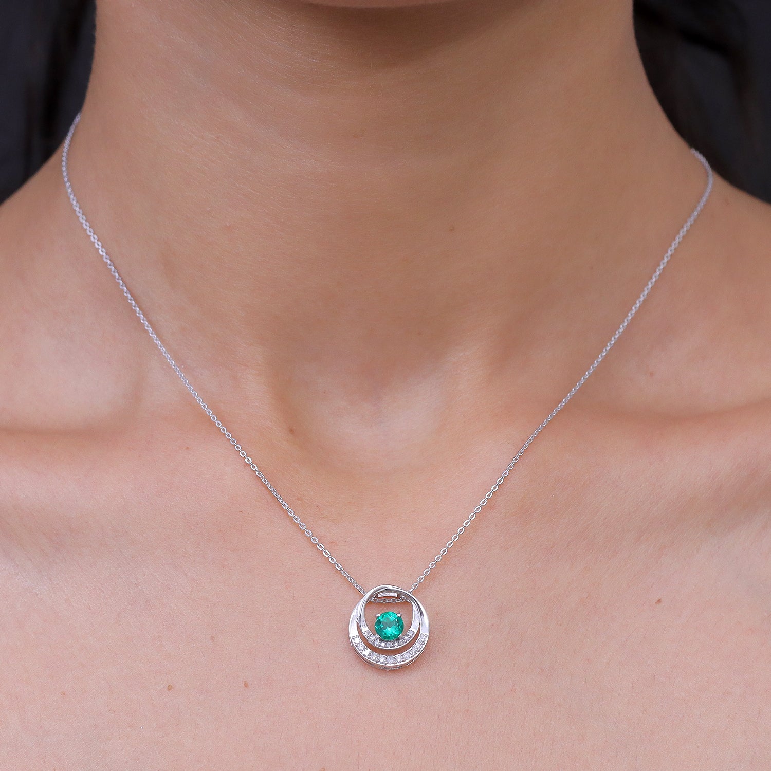 Luxuriant - AAA Lab Grown Columbian Emerald &amp; Lab Grown Diamond (SI-G-H) Orbit Design Pendant with Chain (Size 20) in Rhodium Overlay Sterling Silver 0.67 Ct. 4477371 2