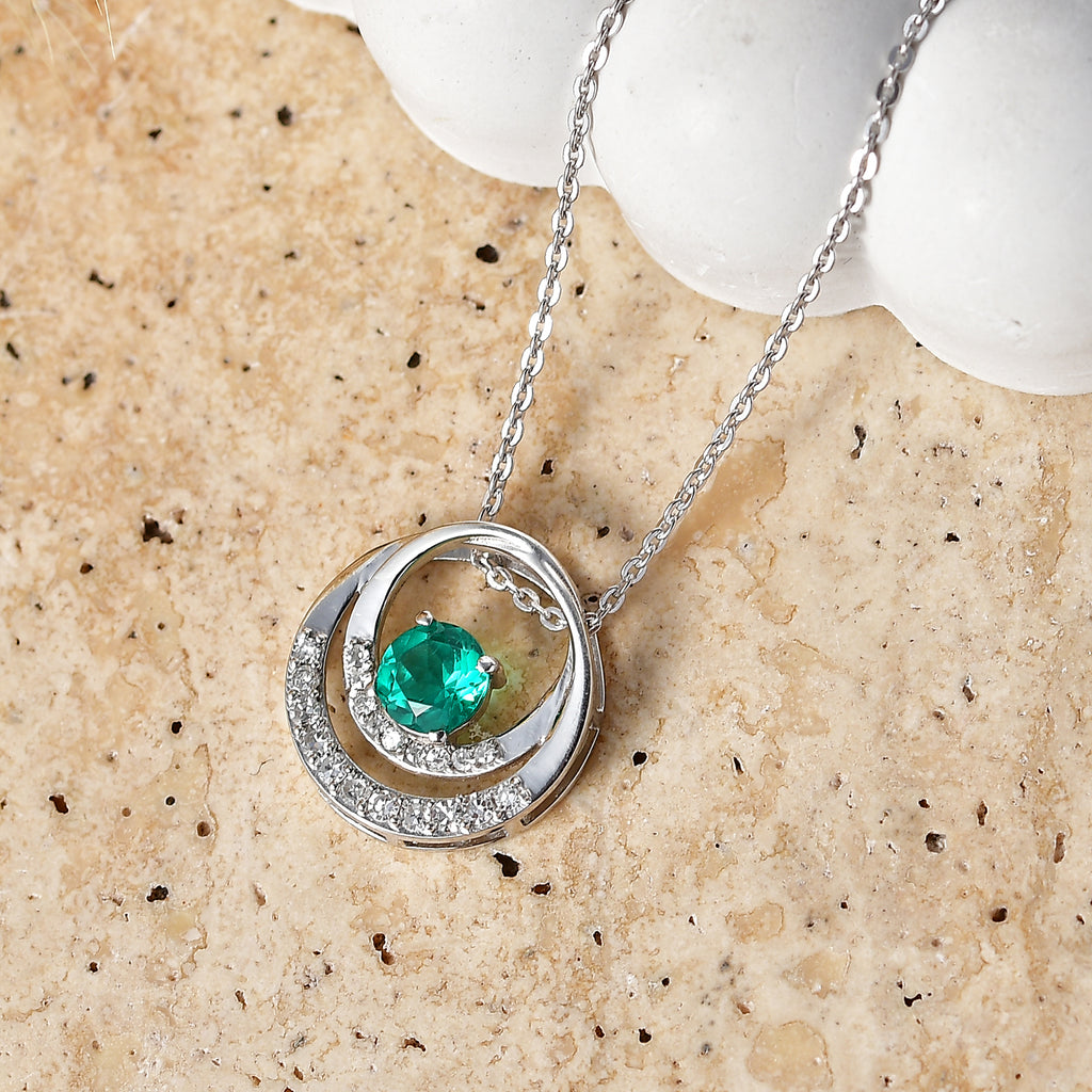 Luxuriant - AAA Lab Grown Columbian Emerald & Lab Grown Diamond (SI/G-H) Orbit Design Pendant with Chain (Size 20) in Rhodium Overlay Sterling Silver 0.67 Ct._4477371_2