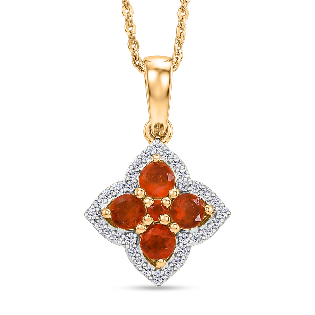 D'Joy - Natural Crimson Fire Opal &amp; White Zircon Pendant with Chain (Size 20) in Yellow Gold Plated Sterling Silver 4477493 0