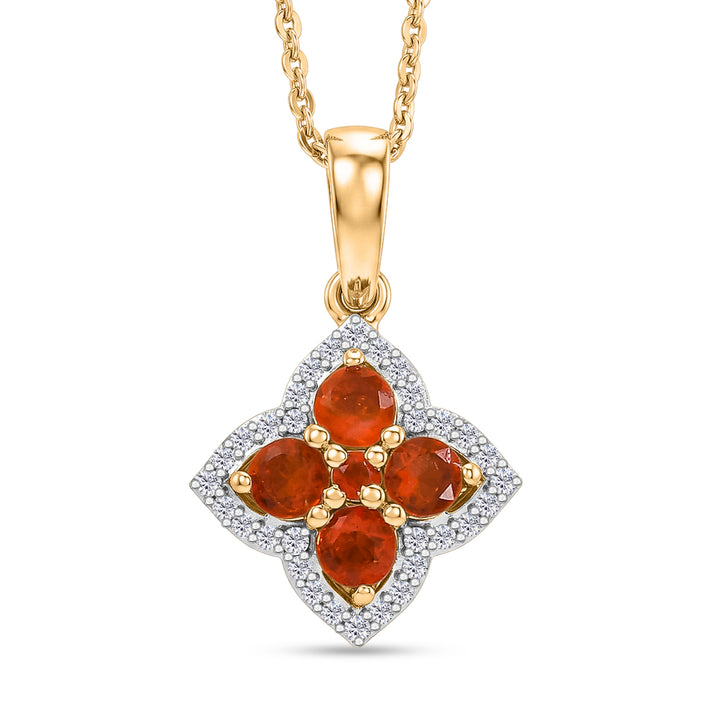 D'Joy - Natural Crimson Fire Opal &amp; White Zircon Pendant with Chain (Size 20) in Yellow Gold Plated Sterling Silver 4477493 1