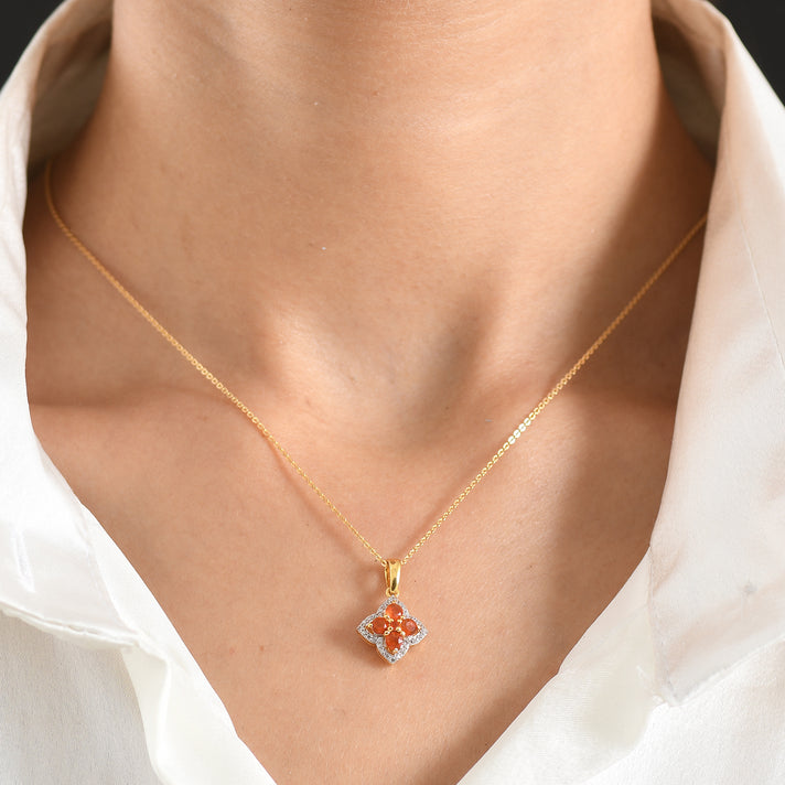 D'Joy - Natural Crimson Fire Opal &amp; White Zircon Pendant with Chain (Size 20) in Yellow Gold Plated Sterling Silver 4477493 2