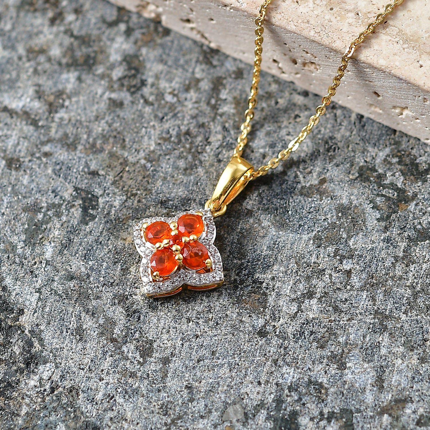 D'Joy - Natural Crimson Fire Opal &amp; White Zircon Pendant with Chain (Size 20) in Yellow Gold Plated Sterling Silver 4477493 3