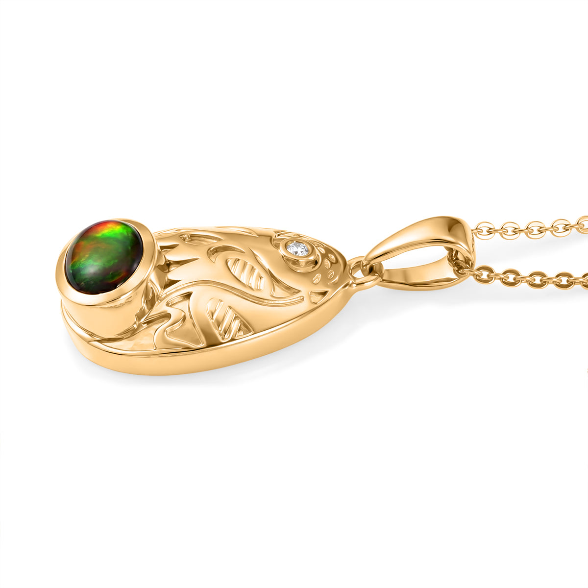 Luxuriant - Ammolite &amp; Lab Grown Diamond (SI/G-H) Pendant with Chain (Size 20) in 18K Vermeil Yellow Gold Plated Sterling Silver 0.85 Ct. V32516110 4