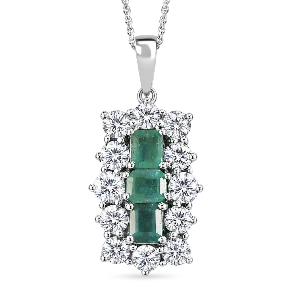 D'Joy - AAA Premium Zambian Emerald & White Zircon Cluster Pendant with Chain (Size 20) in Rhodium Overlay Sterling Silver 4.90 Ct._4477611