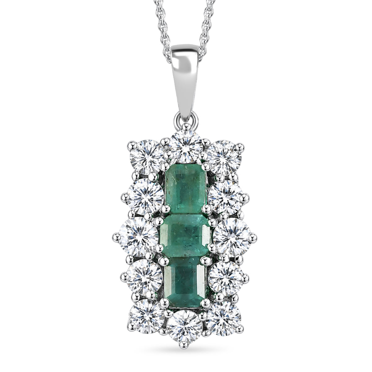 D'Joy - AAA Premium Zambian Emerald &amp; White Zircon Cluster Pendant with Chain (Size 20) in Rhodium Overlay Sterling Silver 4.90 Ct. 4477611 0