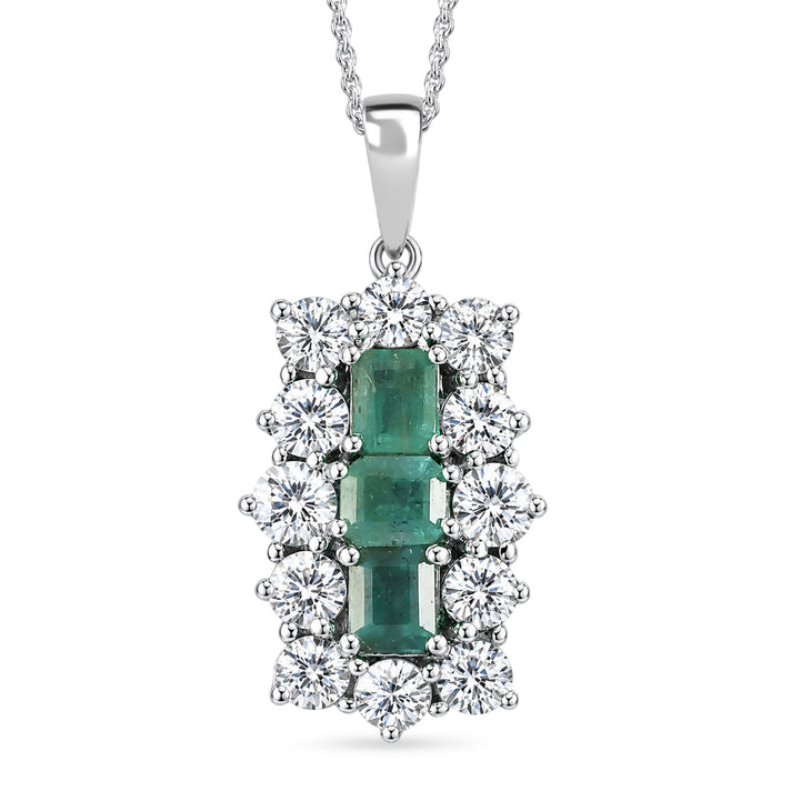 D'Joy - AAA Premium Zambian Emerald &amp; White Zircon Cluster Pendant with Chain (Size 20) in Rhodium Overlay Sterling Silver 4.90 Ct. 4477611 1