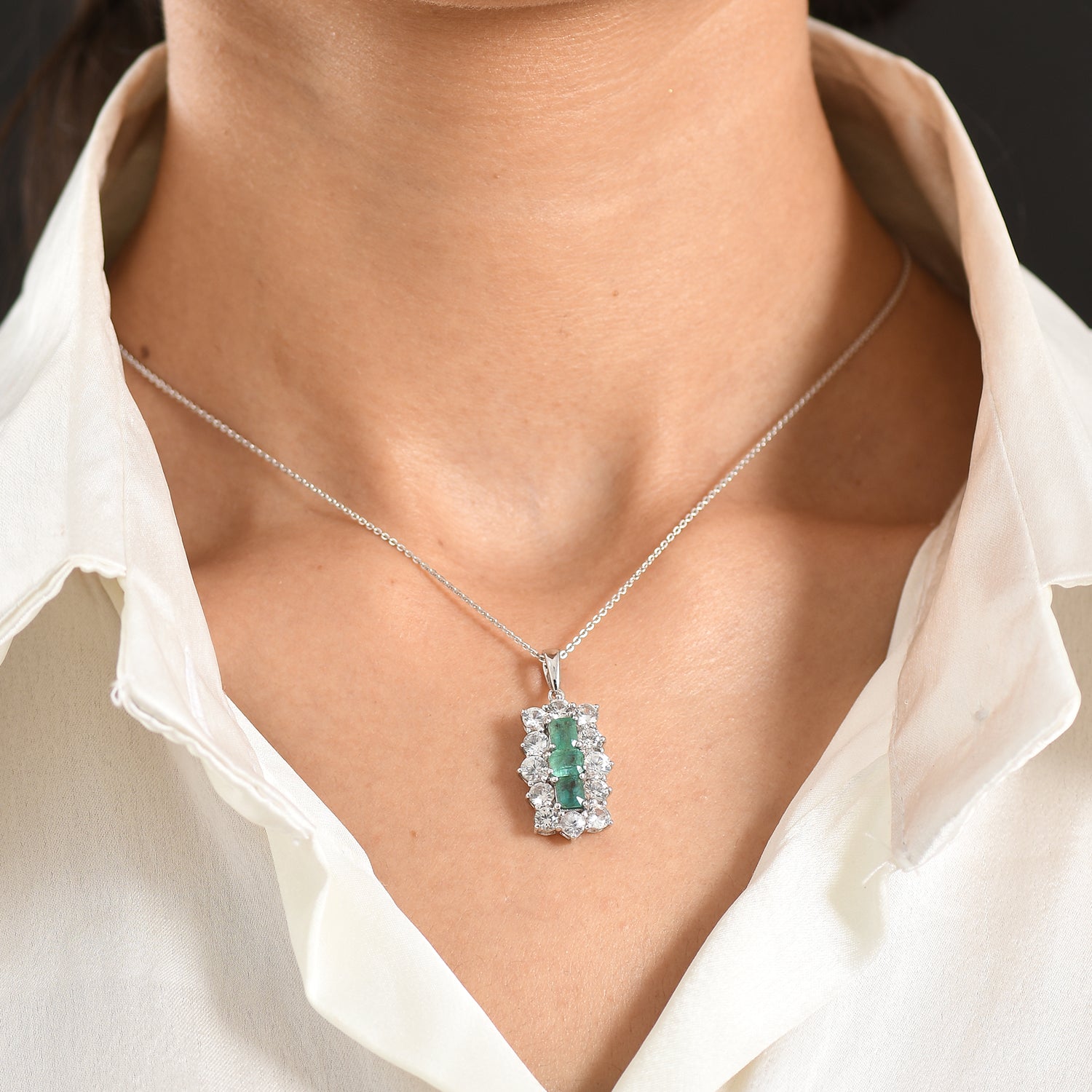 D'Joy - AAA Premium Zambian Emerald &amp; White Zircon Cluster Pendant with Chain (Size 20) in Rhodium Overlay Sterling Silver 4.90 Ct. 4477611 2