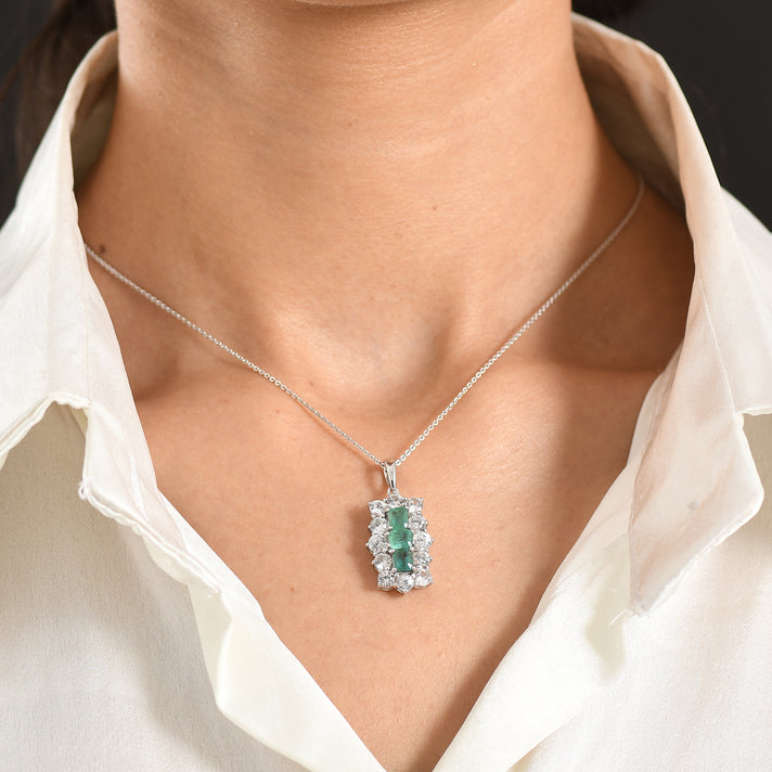 D'Joy - AAA Premium Zambian Emerald &amp; White Zircon Cluster Pendant with Chain (Size 20) in Rhodium Overlay Sterling Silver 4.90 Ct. 4477611 2