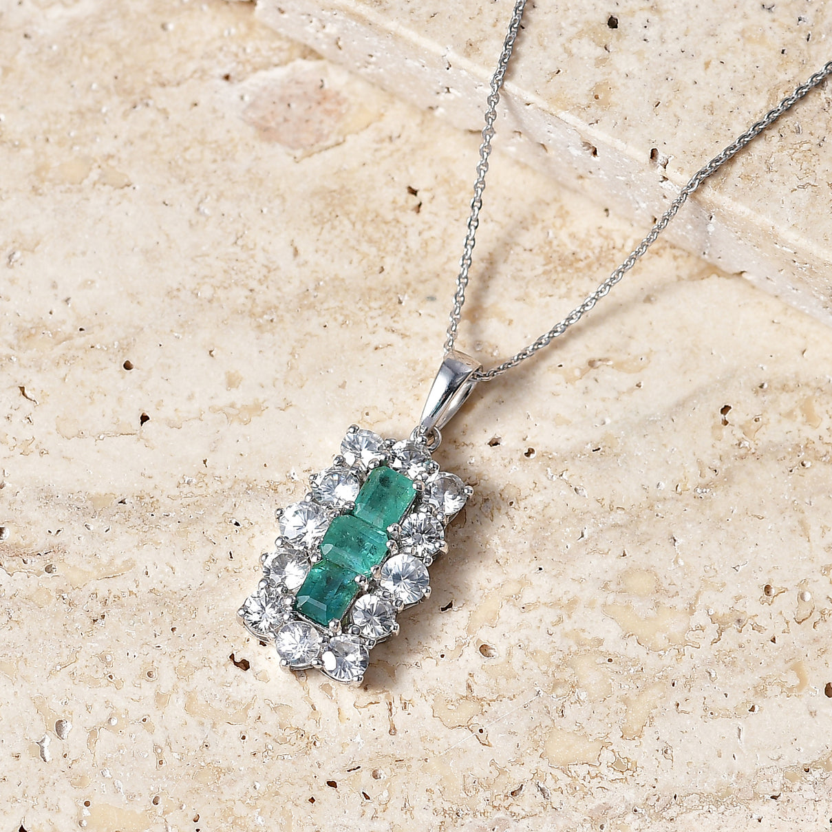 D'Joy - AAA Premium Zambian Emerald &amp; White Zircon Cluster Pendant with Chain (Size 20) in Rhodium Overlay Sterling Silver 4.90 Ct. 4477611 3