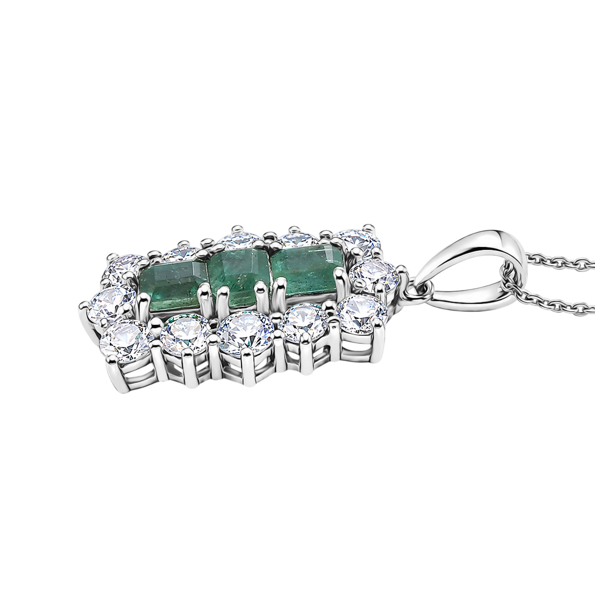 D'Joy - AAA Premium Zambian Emerald &amp; White Zircon Cluster Pendant with Chain (Size 20) in Rhodium Overlay Sterling Silver 4.90 Ct. 4477611 4