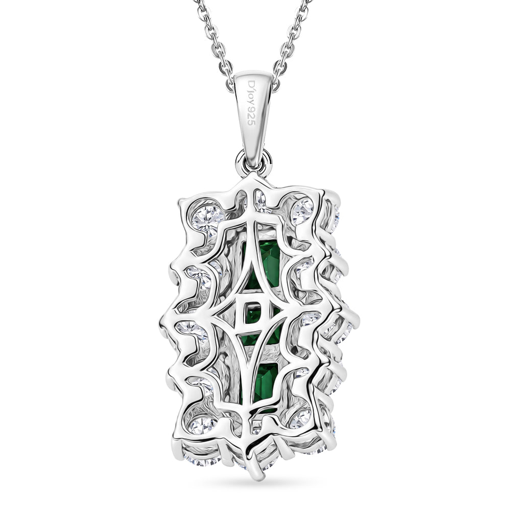 D'Joy - AAA Premium Zambian Emerald & White Zircon Cluster Pendant with Chain (Size 20) in Rhodium Overlay Sterling Silver 4.90 Ct._4477611_4
