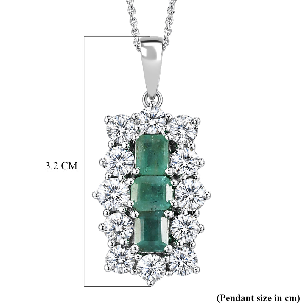 D'Joy - AAA Premium Zambian Emerald & White Zircon Cluster Pendant with Chain (Size 20) in Rhodium Overlay Sterling Silver 4.90 Ct._4477611_5