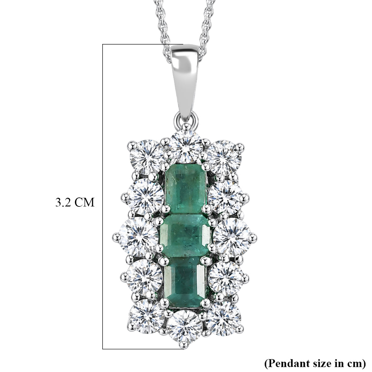 D'Joy - AAA Premium Zambian Emerald &amp; White Zircon Cluster Pendant with Chain (Size 20) in Rhodium Overlay Sterling Silver 4.90 Ct. 4477611 6