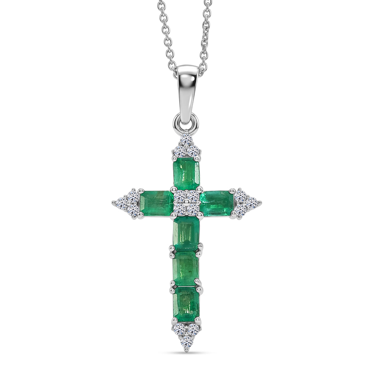 Luxuriant - Premium AAA Zambian Emerald &amp; Lab Grown Diamond (SI/G-H) Cross Pendant with Chain (Size 20) in Rhodium Overlay Sterling Silver 1.50 Ct. 4477612 0