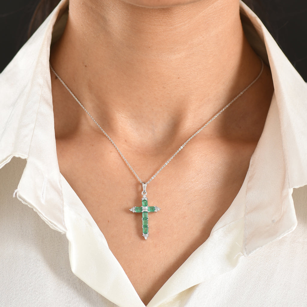 Luxuriant - Premium AAA Zambian Emerald & Lab Grown Diamond (SI/G-H) Cross Pendant with Chain (Size 20) in Rhodium Overlay Sterling Silver 1.50 Ct._4477612_1
