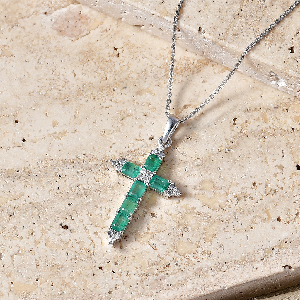 Luxuriant - Premium AAA Zambian Emerald & Lab Grown Diamond (SI/G-H) Cross Pendant with Chain (Size 20) in Rhodium Overlay Sterling Silver 1.50 Ct._4477612_2